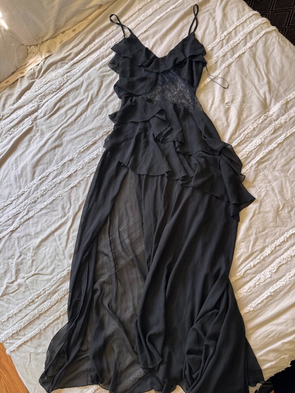 12th Tribe Nyx Black Lace Inset Ruffle Chiffon Maxi Dress Size Large L - Picture 2 of 8